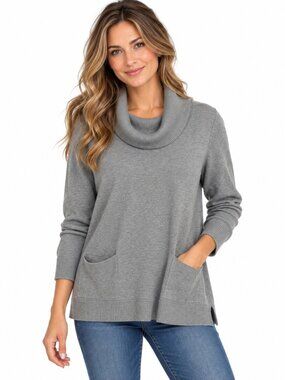 Jeanne Pierre Woman 2X Gray Cowl Neck Sweater 100% Cotton Pockets